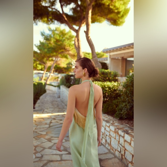 NWT August Resortwear Pistachio Green Halter Dress Gold Fringe Made in Greece - Picture 4 of 10